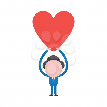 Vector cartoon illustration concept of faceless businessman mascot character holding up red heart symbol icon.