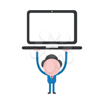 Vector cartoon illustration concept of faceless businessman mascot character holding up laptop computer symbol icon.