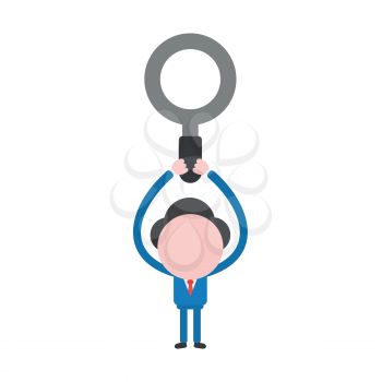 Vector illustration of businessman character holding up magnifying glass icon.