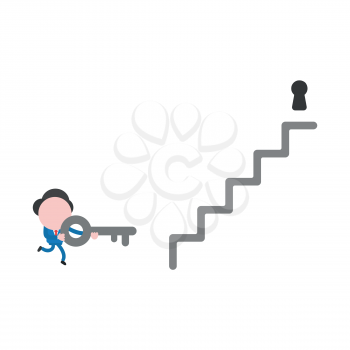 Vector illustration of businessman character running and carrying key icon to keyhole at top of stairs to unlock.