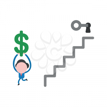 Vector illustration of businessman character unlock keyhole at top of stairs with grey key and running and holding up green dollar symbol. 