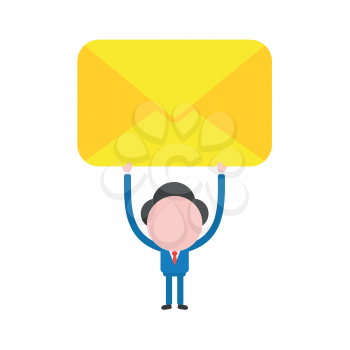 Vector illustration of businessman character holding up closed yellow envelope icon.