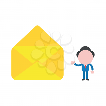 Vector illustration of businessman character showing yellow open envelope icon without paper.