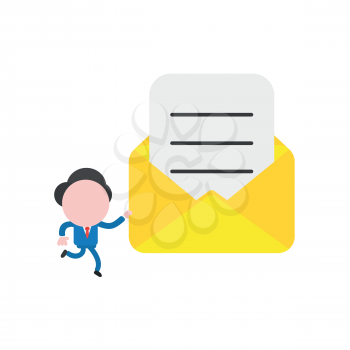 Vector illustration of businessman character running and holding yellow open enveope icon with written paper.