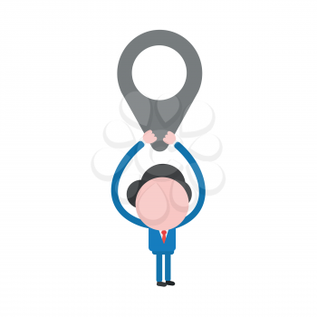 Vector illustration of businessman character holding up grey map pointer icon.