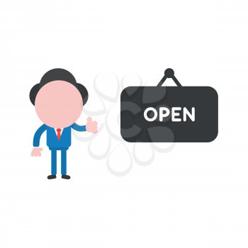 Vector illustration of businessman character giving thumbs and with open word inside black hanging sign icon.