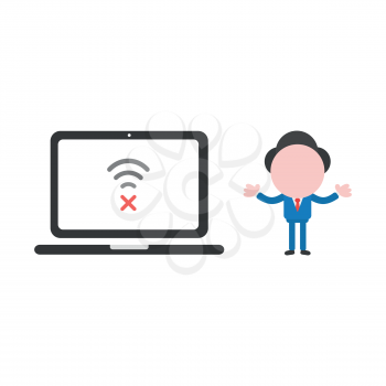 Vector illustration concept of businessman character with laptop computer, wireless wifi connect problem.