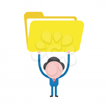 Vector illustration concept of businessman character holding up yellow open folder icon.