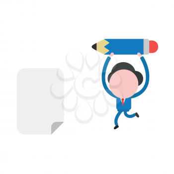 Vector illustration of faceless businessman character running and carrying pencil to blank paper.