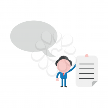 Vector illustration of faceless businessman character with blank speech bubble and holding written paper.