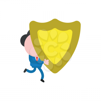 Vector illustration of faceless businessman character running and holding guard shield.