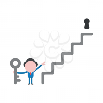 Vector illustration of faceless businessman character holding key and pointing keyhole at top of stairs.