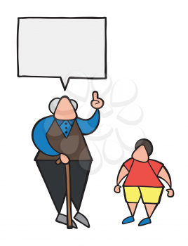 Vector illustration cartoon old man with walking stick, talking to his grandson and advising.