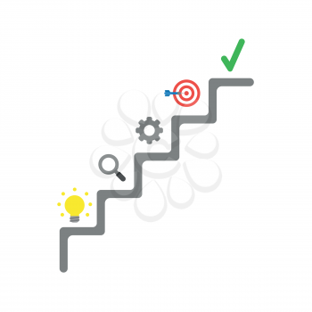 Flat design vector illustration concept of grey stairs with glowing yellow light bulb idea, magnifying glass, gear, bulls eye with dart in the center and green check mark symbol icon.