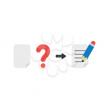 Flat design vector illustration concept of blank paper with red question mark and writing on paper with blue pencil symbol icon on white background.