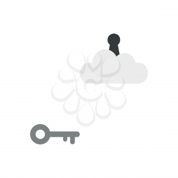 Flat design vector illustration concept of grey key symbol icon reach to keyhole on cloud on white background.