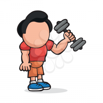 Vector hand-drawn cartoon illustration of man standing lifting dumbbell.