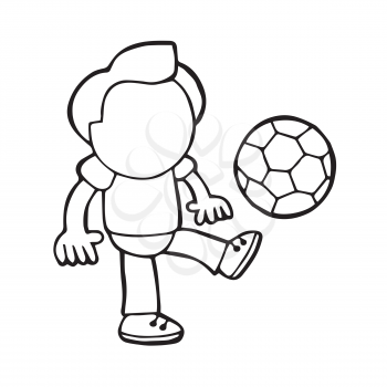 Vector hand-drawn cartoon illustration of man standing kicking playing soccer ball.