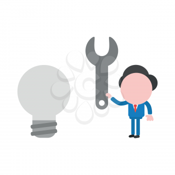 Vector illustration businessman mascot character holding spanner to gray light bulb, bad idea.