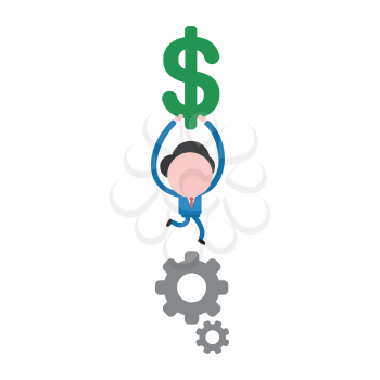 Vector illustration businessman mascot character running and holding up dollar money symbol on gears.