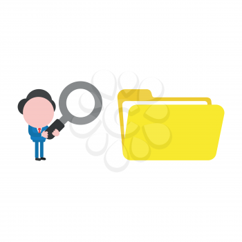 Vector illustration businessman mascot character holding magnifying glass to open file folder.