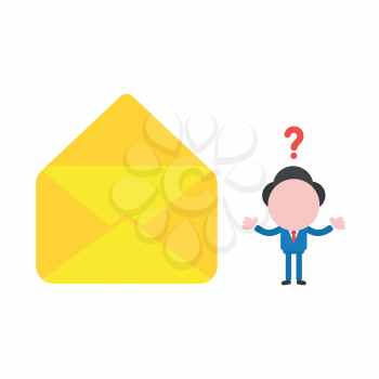 Vector illustration businessman mascot character confused with empty open mail envelope.