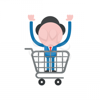 Vector illustration businessman mascot character inside shopping cart.