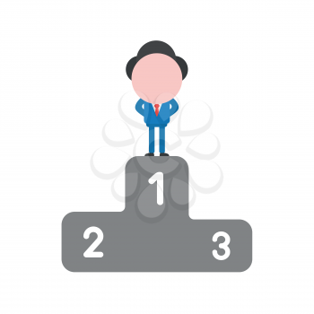 Vector illustration businessman character standing on first place of winners podium.