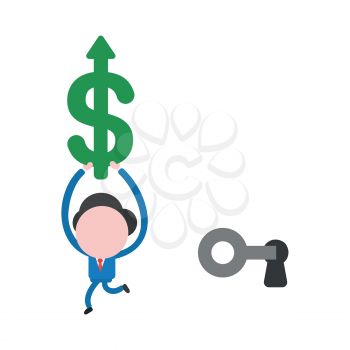 Vector illustration businessman character unlock keyhole with key, running and carrying dollar symbol with arrow moving up.