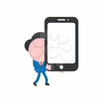 Vector illustration businessman character walking and holding smartphone.