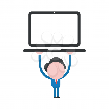 Vector illustration businessman character holding up laptop computer.