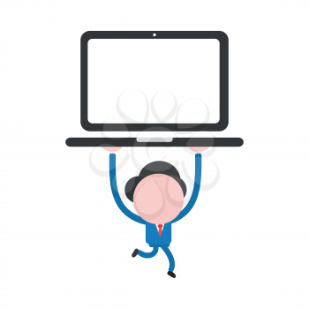 Vector illustration businessman character walking and holding up laptop computer.