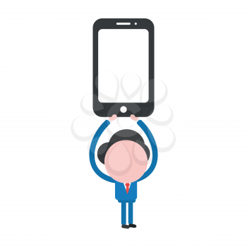 Vector illustration businessman character holding up smartphone.