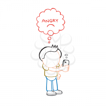 Vector hand-drawn cartoon illustration of man standing holding smartphone with angry thought bubble for bad wifi signal.