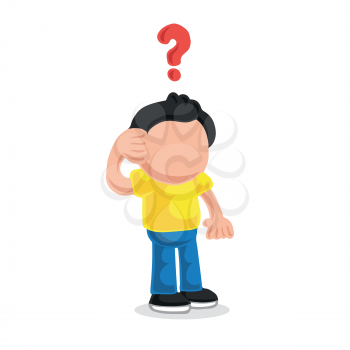 Vector hand-drawn cartoon illustration of confused man thinking with question mark.