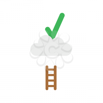 Flat design vector illustration concept of green check mark symbol icon on cloud with short wooden ladder.