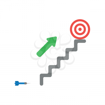 Vector illustration concept of blue dart, green arrow showing top of stairs and bulls eye target.