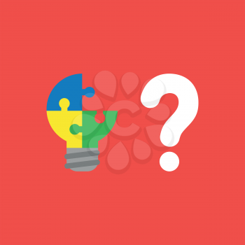 Flat vector icon concept of three connected light bulb puzzle pieces, one missing and question mark on red background.