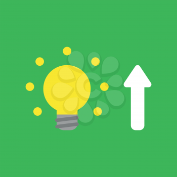Flat vector icon concept of glowing yellow light bulb with arrow moving up on green background.