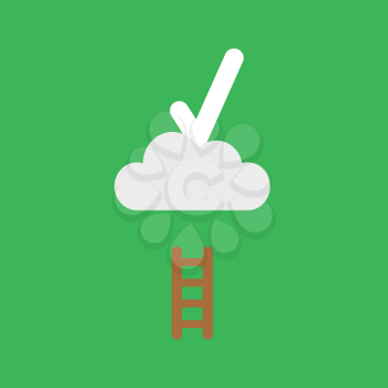 Flat vector icon concept of short wooden ladder and check mark on cloud on green background.