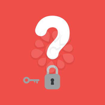 Flat vector icon concept of question mark with closed padlock and key on red background.