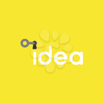 Flat vector icon concept of key into idea word keyhole on yellow background.