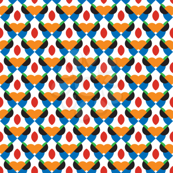 Vector seamless pattern texture background with geometric shapes, colored in orange, red, blue, black and white colors.