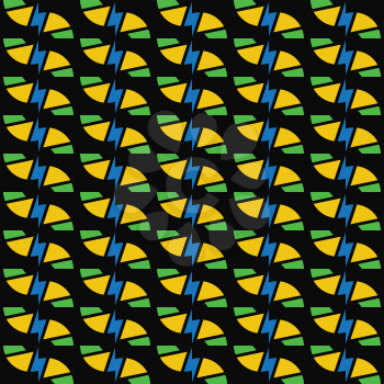 Vector seamless pattern texture background with geometric shapes, colored in green, yellow and blue colors on black background.