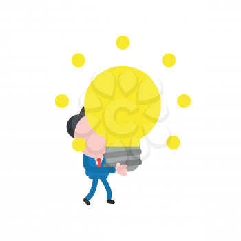 Vector illustration businessman character walking and holding glowing light bulb idea.