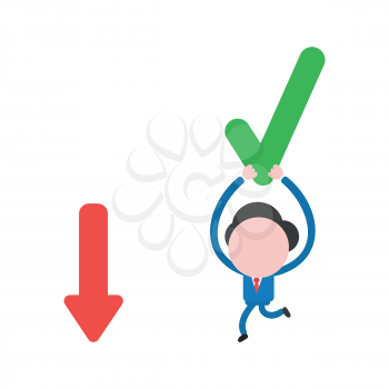 Vector illustration businessman character running and carrying check mark to arrow moving down.