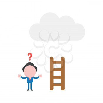Vector illustration confused businessman character with short wooden ladder to reach cloud.