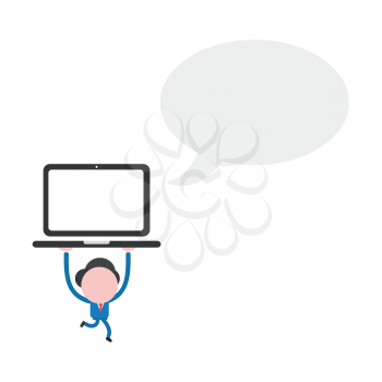 Vector illustration businessman character with blank speech bubble and running and holding up laptop computer.