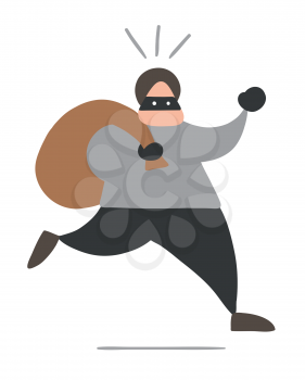 Vector illustration cartoon thief man with face masked running and carrying sack.