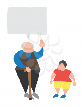 Vector illustration cartoon old man with walking stick, talking to his grandson and advising.